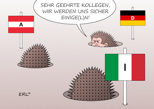 Cartoon: Innenminister (medium) by Erl tagged politik,streit,flüchtlingspolitik,asylmasterplan,flüchtlinge,grenze,horst,seehofer,csu,national,alleingang,bundeskanzlerin,merkel,cdu,eu,recht,europa,treffen,innenminister,deutschland,italien,österreich,abschottung,abschreckung,festung,igel,einigeln,einigen,herbert,kickl,fpö,matteo,salvini,lega,rechtspopulismus,nationalismus,karikatur,erl,politik,streit,flüchtlingspolitik,asylmasterplan,flüchtlinge,grenze,horst,seehofer,csu,national,alleingang,bundeskanzlerin,merkel,cdu,eu,recht,europa,treffen,innenminister,deutschland,italien,österreich,abschottung,abschreckung,festung,igel,einigeln,einigen,herbert,kickl,fpö,matteo,salvini,lega,rechtspopulismus,nationalismus,karikatur,erl