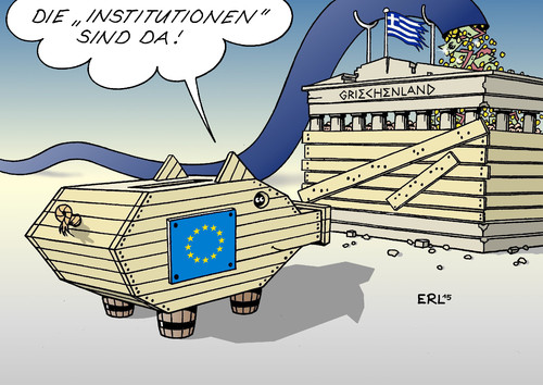 Cartoon: Institutionen (medium) by Erl tagged griechenland,schulden,krise,hilfe,kredit,eu,ezb,iwf,troika,sparkurs,regierung,tsipras,varoufakis,ablehnung,name,institutionen,etikett,trojanisches,sparschwein,akropolis,karikatur,erl,griechenland,schulden,krise,hilfe,kredit,eu,ezb,iwf,troika,sparkurs,regierung,tsipras,varoufakis,ablehnung,name,institutionen,etikett,trojanisches,sparschwein,akropolis