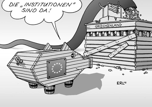 Cartoon: Institutionen (medium) by Erl tagged griechenland,schulden,krise,hilfe,kredit,eu,ezb,iwf,troika,sparkurs,regierung,tsipras,varoufakis,ablehnung,name,institutionen,etikett,trojanisches,sparschwein,akropolis