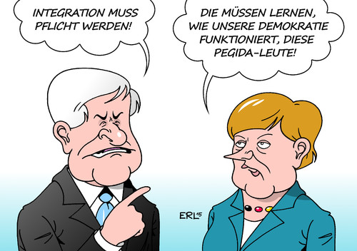 Cartoon: Integration (medium) by Erl tagged flüchtlinge,eu,deutschland,integration,pflicht,vorschlag,csu,ministerpräsident,horst,seehofer,bayern,bundeskanzlerin,angela,merkel,pegida,demokratie,karikatur,erl,flüchtlinge,eu,deutschland,integration,pflicht,vorschlag,csu,ministerpräsident,horst,seehofer,bayern,bundeskanzlerin,angela,merkel,pegida,demokratie,karikatur,erl