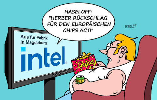 Cartoon: Intel I (medium) by Erl tagged politik,it,computer,chip,intel,aus,fabrik,magdeburg,fernsehen,chips,bier,engpass,karikatur,erl,politik,it,computer,chip,intel,aus,fabrik,magdeburg,fernsehen,chips,bier,engpass,karikatur,erl
