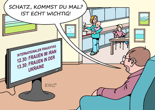 Cartoon: Internationaler Frauentag (medium) by Erl tagged politik,gleichberechtigung,frau,mann,internationaler,frauentag,frauenrechte,unterdrückung,iran,krieg,ukraine,gender,pay,gap,verteilung,hausarbeit,kinder,erziehung,karikatur,erl,politik,gleichberechtigung,frau,mann,internationaler,frauentag,frauenrechte,unterdrückung,iran,krieg,ukraine,gender,pay,gap,verteilung,hausarbeit,kinder,erziehung,karikatur,erl