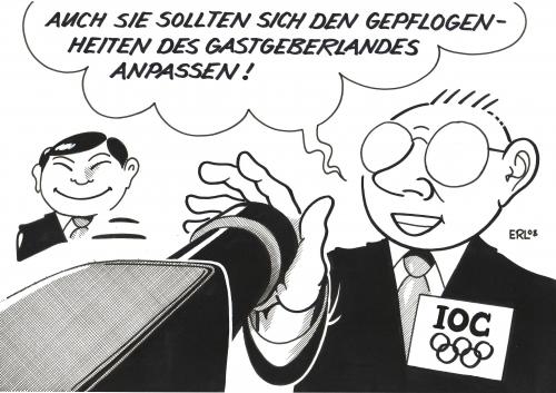 Cartoon: IOC (medium) by Erl tagged ioc,olympia,peking,china,pressefreiheit,meinungsfreiheit,geldgier,geld,gier,sport,kamera,fernsehen,berichterstattung,china,olympia,olympische spiele,olympiade,peking,beijing,tibet,menschenrechte,buddhismus,dalai lama,sport,athletik,wettkampf,presse,pressefreiheit,journalismus,presserauswurf,meinungsfreiheit,ioc,internationale olympische komitee tee,geldgier,geld,gier,kamera,fernsehen,berichterstattung,rufmord,presseverbot,gastgeberland,anpassung,zensur,internetverbot,gefängnisstrafe,olympische,spiele,dalai,lama,internationales,kommitee,internationale,komitee,tee