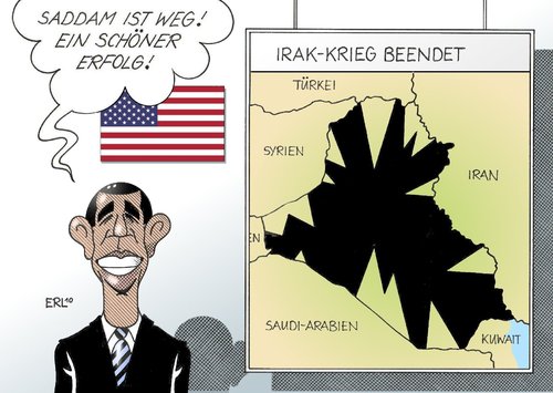 Cartoon: Irak-Krieg (medium) by Erl tagged irak,krieg,ende,usa,george,bush,obama,bilanz,erfolg,saddam,hussein,irak,krieg,ende,usa,george bush,barack obama,erfolg,saddam hussein,abzug,militär,soldaten,gewalt,george,bush,barack,obama,saddam,hussein