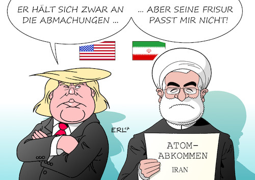 Cartoon: Iran-Abkommen (medium) by Erl tagged usa,präsident,donald,trump,rede,un,ankündigung,kündigung,atomabkommen,iran,atomwaffen,atombombe,sanktionen,einhaltung,schurkenstaat,rolle,nahost,hassan,rohani,ruhani,frisur,karikatur,erl,usa,präsident,donald,trump,rede,un,ankündigung,kündigung,atomabkommen,iran,atomwaffen,atombombe,sanktionen,einhaltung,schurkenstaat,rolle,nahost,hassan,rohani,ruhani,frisur,karikatur,erl