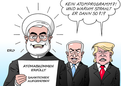 Cartoon: Iran (medium) by Erl tagged iran,atomwaffen,atomprogramm,aufgabe,abkommen,verzicht,erfüllung,aufhebung,sanktionen,wirtschaft,skepsis,israel,netanjahu,usa,republikaner,trump,ruhani,strahlen,lächeln,karikatur,erl,iran,atomwaffen,atomprogramm,aufgabe,abkommen,verzicht,erfüllung,aufhebung,sanktionen,wirtschaft,skepsis,israel,netanjahu,usa,republikaner,trump,ruhani,strahlen,lächeln,karikatur,erl