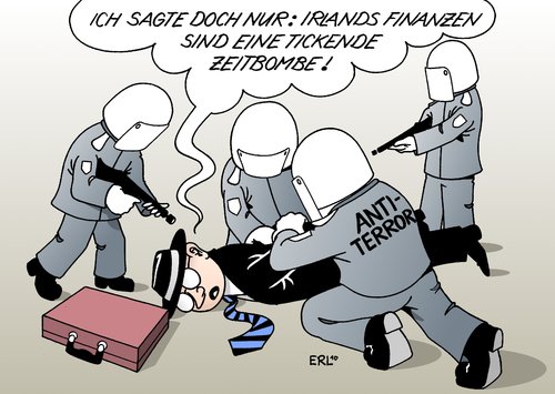 Cartoon: Irland Terrorangst (medium) by Erl tagged irland,finanzen,krise,haushalt,schulden,pleite,eu,hilfe,schutzschirm,terror,terrorangst,bedrohung,warnung,antiterrorkommando,polizei,nervosität,überlastung,bombe,zeitbombe,irland,finanzen,krise,haushalt,schulden,pleite,eu,schutzschirm,terror,terrorangst,warnung,bedrohung,antiterrorkommando,polizei,nervosität,überlastung,bombe