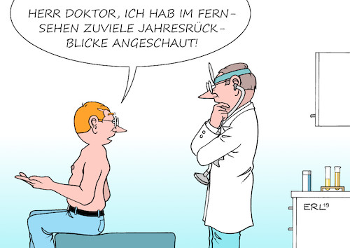 Cartoon: Jahresrückblicke (medium) by Erl tagged politik,medien,fernsehen,jahresrückblicke,jahresende,weihnachten,silvester,kopf,verdreht,arzt,patient,karikatur,erl,politik,medien,fernsehen,jahresrückblicke,jahresende,weihnachten,silvester,kopf,verdreht,arzt,patient,karikatur,erl