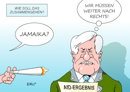 Cartoon: Jamaika CSU (medium) by Erl tagged bundestagswahl,2017,wahl,bundestag,grosse,koalition,verluste,niederlage,opposition,regierung,jamaika,schwarz,gelb,grün,cdu,csu,fdp,bündnis,90,die,grünen,ministerpräsident,bayern,horst,seehofer,konservativ,rechts,flüchtlingspolitik,obergrenze,joint,cannabis,haschisch,karikatur,erl,bundestagswahl,2017,wahl,bundestag,grosse,koalition,verluste,niederlage,opposition,regierung,jamaika,schwarz,gelb,grün,cdu,csu,fdp,bündnis,90,die,grünen,ministerpräsident,bayern,horst,seehofer,konservativ,rechts,flüchtlingspolitik,obergrenze,joint,cannabis,haschisch,karikatur,erl