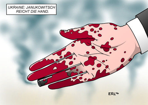 Cartoon: Janukowitsch (medium) by Erl tagged ukraine,machtkampf,opposition,regierung,präsident,janukowitsch,gewalt,vermittlung,verhandlung,angebot,hand,blut,ukraine,machtkampf,opposition,regierung,präsident,janukowitsch,gewalt,vermittlung,verhandlung,angebot,hand,blut