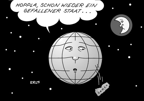 Cartoon: Jemen (medium) by Erl tagged jemen,bürgerkrieg,rebellen,regierung,flucht,staat,gefallen,fall,syrien,somalia,erde,mond,sterne,weltall