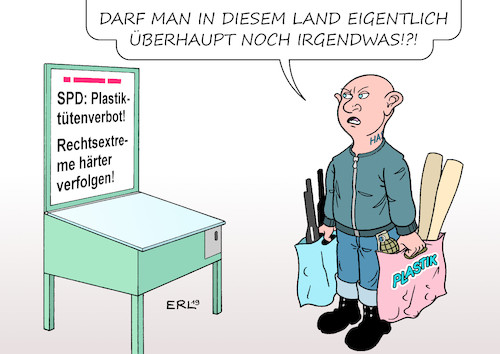 Cartoon: Jetzt kommts knüppeldick (medium) by Erl tagged politik,spd,vorschlag,idee,verbot,plastiktüten,verfolgung,rechtsextremismus,rechtsextreme,profil,schärfung,links,grün,ökologie,klimaschutz,plastik,zeitung,skinhead,karikatur,erl,politik,spd,vorschlag,idee,verbot,plastiktüten,verfolgung,rechtsextremismus,rechtsextreme,profil,schärfung,links,grün,ökologie,klimaschutz,plastik,zeitung,skinhead,karikatur,erl