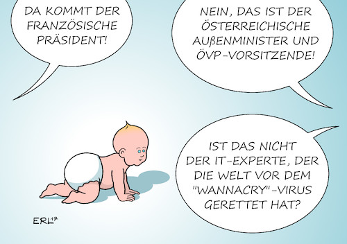 Cartoon: Jugend vor! (medium) by Erl tagged jugend,alter,jung,alt,baby,frankreich,präsident,emmanuel,macron,österreich,außenminister,sebastian,kurz,övp,vorsitz,internet,computer,virus,trojaner,schadsoftware,it,experte,stopp,rettung,welt,hackerangriff,wannacry,erpressung,daten,sperrung,freigabe,lösegeld,karikatur,erl,jugend,alter,jung,alt,baby,frankreich,präsident,emmanuel,macron,österreich,außenminister,sebastian,kurz,övp,vorsitz,internet,computer,virus,trojaner,schadsoftware,it,experte,stopp,rettung,welt,hackerangriff,wannacry,erpressung,daten,sperrung,freigabe,lösegeld,karikatur,erl