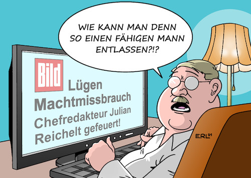 Cartoon: Julian Reichelt (medium) by Erl tagged politik,medien,zeitung,bild,bildzeitung,chefredakteur,julian,reichelt,machtmissbrauch,frauen,sexismus,vertuschung,lügen,entlassung,karikatur,erl,politik,medien,zeitung,bild,bildzeitung,chefredakteur,julian,reichelt,machtmissbrauch,frauen,sex,sexismus,vertuschung,lügen,entlassung,karikatur,erl