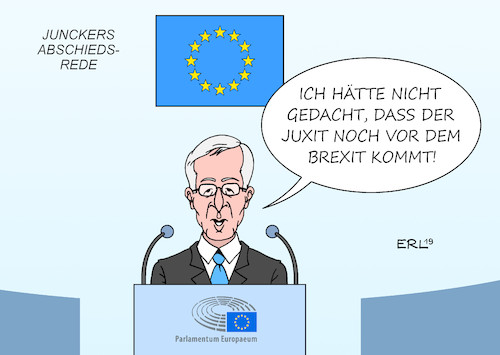 Cartoon: Juncker (medium) by Erl tagged politik,eu,europäische,union,kommission,kommissionspräsident,jean,claude,juncker,amtszeit,ende,rede,abschied,abschiedsrede,brexit,juxit,karikatur,erl,politik,eu,europäische,union,kommission,kommissionspräsident,jean,claude,juncker,amtszeit,ende,rede,abschied,abschiedsrede,brexit,juxit,karikatur,erl