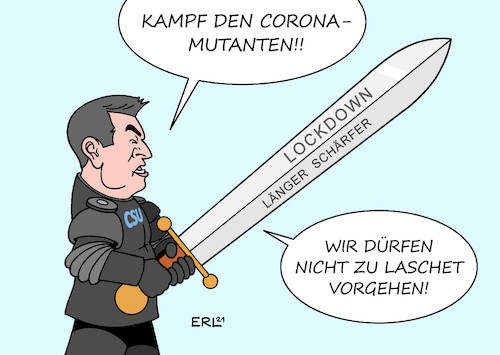 Cartoon: Kampf mit Seitenhieb (medium) by Erl tagged politik,corona,virus,pandemie,covid19,treffen,bundeskanzlerin,angela,merkel,ministerpräsidentinnen,ministerpräsidenten,lockdown,verlängerung,verschärfung,angst,mutationen,kampf,vorreiter,markus,söder,csu,bayern,ambitionen,kanzleramt,seitenhieb,cdu,vorsitzender,armin,laschet,nrw,profilierung,schwert,scharf,lang,karikatur,erl,politik,corona,virus,pandemie,covid19,treffen,bundeskanzlerin,angela,merkel,ministerpräsidentinnen,ministerpräsidenten,lockdown,verlängerung,verschärfung,angst,mutationen,kampf,vorreiter,markus,söder,csu,bayern,ambitionen,kanzleramt,seitenhieb,cdu,vorsitzender,armin,laschet,nrw,profilierung,schwert,scharf,lang,karikatur,erl