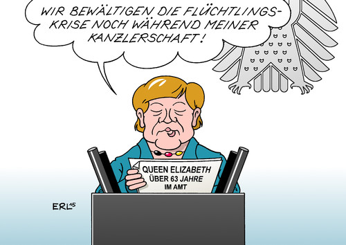 Cartoon: Kanzlerin (medium) by Erl tagged haushalt,2016,kanzleretat,debatte,bundestag,rede,bundeskanzlerin,kanzlerin,angela,merkel,flüchtlinge,eu,deutschland,bewältigung,königin,queen,elizabeth,ii,großbritannien,rekord,amt,amtszeit,63,jahre,karikatur,erl,haushalt,2016,kanzleretat,debatte,bundestag,rede,bundeskanzlerin,kanzlerin,angela,merkel,flüchtlinge,eu,deutschland,bewältigung,königin,queen,elizabeth,ii,großbritannien,rekord,amt,amtszeit,63,jahre,karikatur,erl