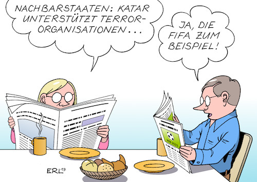 Cartoon: Katar (medium) by Erl tagged katar,emirat,absolute,monarchie,islam,scharia,vorwurf,nachbarstaaten,unterstützung,terrororganisationen,fußball,weltmeisterschaft,2022,fifa,bestechung,korruption,mafia,sepp,blatter,gianni,infantino,frühstück,zeitung,frau,mann,karikatur,erl,katar,emirat,absolute,monarchie,islam,scharia,vorwurf,nachbarstaaten,unterstützung,terrororganisationen,fußball,weltmeisterschaft,2022,fifa,bestechung,korruption,mafia,sepp,blatter,gianni,infantino,frühstück,zeitung,frau,mann,karikatur,erl