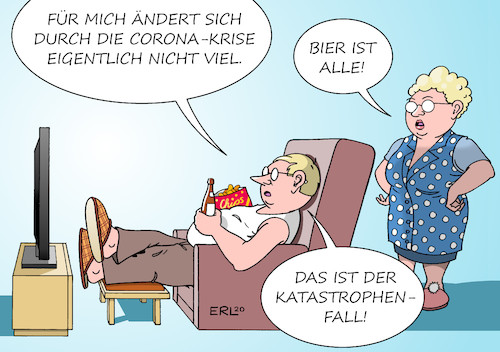 Cartoon: Katastrophenfall (medium) by Erl tagged politik,gesundheit,krankheit,infektion,covid19,corona,virus,coronavirus,schließung,schulen,kindergärten,kitas,geschäfte,änderung,verhalten,sozialkontakte,bayern,katastrophenfall,quarantäne,zuhause,familie,mann,frau,fernsehen,bier,karikatur,erl,politik,gesundheit,krankheit,infektion,covid19,corona,virus,coronavirus,schließung,schulen,kindergärten,kitas,geschäfte,änderung,verhalten,sozialkontakte,bayern,katastrophenfall,quarantäne,zuhause,familie,mann,frau,fernsehen,bier,karikatur,erl