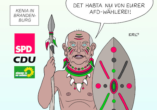 Cartoon: Kenia in Brandenburg (medium) by Erl tagged politik,landtagswahl,wahl,brandenburg,stimmen,steigerung,afd,rechtspopulismus,rechtsextremismus,regierungsbildung,kenia,koalition,rot,schwarz,grün,spd,cdu,bündnis,90,die,grünen,ministerpräsident,dietmar,woidke,karikatur,erl,politik,landtagswahl,wahl,brandenburg,stimmen,steigerung,afd,rechtspopulismus,rechtsextremismus,regierungsbildung,kenia,koalition,rot,schwarz,grün,spd,cdu,bündnis,90,die,grünen,ministerpräsident,dietmar,woidke,karikatur,erl