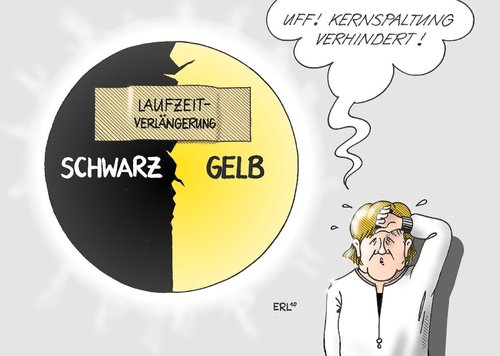 Cartoon: Kernspaltung (medium) by Erl tagged atomenergie,atomkraftwerk,laufzeit,verlängerung,gewinn,geld,merkel,koalition,schwarz,gelb,cdu,csu,fdp,spaltung,verhinderung,atomenergie,verlängerung,laufzeit,gewinn,geld,angela merkel,koalition,gelb,cdu,csu,fdp,spaltung,verhinderung,angela,merkel