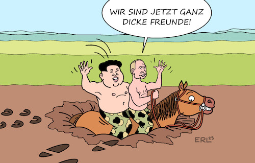 Cartoon: Kim besucht Putin (medium) by Erl tagged politik,krieg,angriff,überfall,russland,ukraine,wladimir,putin,kontakt,besuch,diktator,nordkorea,kim,jong,un,waffen,waffenlieferungen,dicke,freunde,pferd,einsinken,sinken,karikatur,erl,politik,krieg,angriff,überfall,russland,ukraine,wladimir,putin,kontakt,besuch,diktator,nordkorea,kim,jong,un,waffen,waffenlieferungen,dicke,freunde,pferd,einsinken,sinken,karikatur,erl