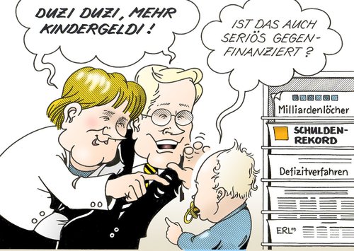 Cartoon: Kindergeld (medium) by Erl tagged cdu,csu,fdp,schwarz,gelb,koalition,verhandlung,kindergeld,erhöhung,finanzierung,haushaltsloch,schulden,defizitverfahren,merkel,westerwelle,cdu,csu,fdp,schwarz,gelb,koalition,verhandlung,kindergeld,erhöhung,finanzierung,haushaltsloch,schulden,defizitverfahren,angela merkel,guido westerwelle,angela,merkel,guido,westerwelle