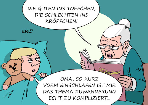 Cartoon: Kindermund (medium) by Erl tagged politik,deutschland,einwanderungsland,zuwanderung,förderung,arbeitskräfte,verhinderung,flüchtlinge,armut,wirtschaft,menschen,behandlung,kosten,nutzen,aschenputtel,tauben,erbsen,märchen,oma,enkel,bett,vorlesen,karikatur,erl,politik,deutschland,einwanderungsland,zuwanderung,förderung,arbeitskräfte,verhinderung,flüchtlinge,armut,wirtschaft,menschen,behandlung,kosten,nutzen,aschenputtel,tauben,erbsen,märchen,oma,enkel,bett,vorlesen,karikatur,erl