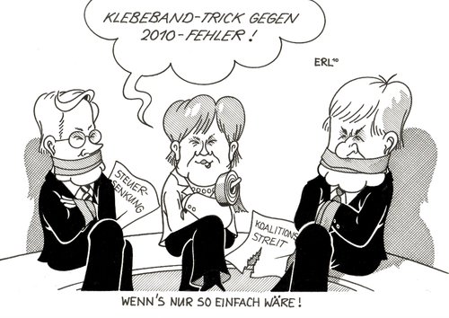 Cartoon: Klebeband-Trick (medium) by Erl tagged schwarz,gelb,koalition,streit,steuersenkung,klebeband,kreditkarten,problem,2010,guido westerwelle,angela merkel,horst seehofer,guido,westerwelle,angela,merkel,horst,seehofer