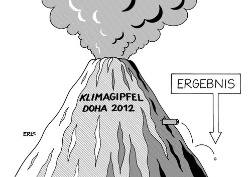 Cartoon: Klimagipfel Doha 2012 (medium) by Erl tagged erderwärmung,klima,klimawandel,klimagipfel,klimakonferenz,doha,katar,2012,co2,kohlendioxid,ausstoß,kyoto,protokoll,gipfel,vulkan,berg,ergebnis