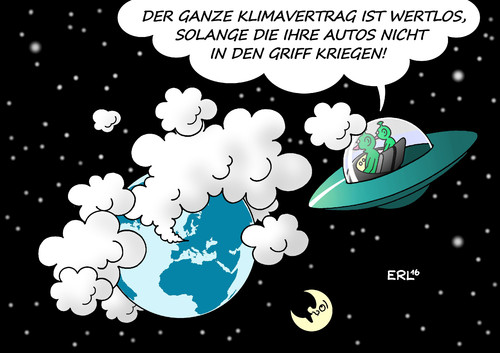 Cartoon: Klimavertrag (medium) by Erl tagged klimavertrag,unterschrift,klimawandel,erderwärmung,co2,ausstoß,begrenzung,auto,abgasskandal,vw,volkswagen,rückruf,mercedes,audi,porsche,opel,abgase,schadstoffe,erde,welt,weltall,außerirdische,ufo,karikatur,erl,klimavertrag,unterschrift,klimawandel,erderwärmung,co2,ausstoß,begrenzung,auto,abgasskandal,vw,volkswagen,rückruf,mercedes,audi,porsche,opel,abgase,schadstoffe,erde,welt,weltall,außerirdische,ufo,karikatur,erl