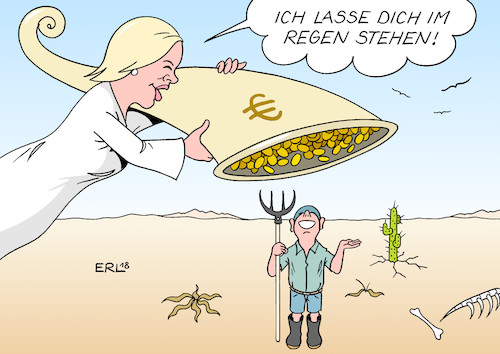 Cartoon: Klöckner (medium) by Erl tagged politik,sommer,wetter,hitze,dürre,trockenheit,landwirtschaft,bauern,ernte,einbußen,ausfälle,verlust,landwirtschaftsministerin,julia,klöckner,entschädigung,geld,regen,füllhorn,wüste,kaktus,knochen,mistgabel,klimawandel,erderwärmung,kariktur,erl,politik,sommer,wetter,hitze,dürre,trockenheit,landwirtschaft,bauern,ernte,einbußen,ausfälle,verlust,landwirtschaftsministerin,julia,klöckner,entschädigung,geld,regen,füllhorn,wüste,kaktus,knochen,mistgabel,klimawandel,erderwärmung,kariktur,erl