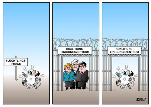 Cartoon: Koalition (medium) by Erl tagged flüchtlinge,deutschland,regierung,koalition,cdu,csu,spd,merkel,seehofer,gabriel,streit,einigung,de,maiziere,karikatur,erl,flüchtlinge,deutschland,regierung,koalition,cdu,csu,spd,merkel,seehofer,gabriel,streit,einigung,de,maiziere,karikatur,erl