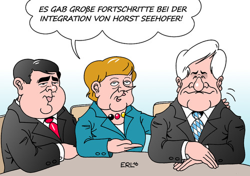 Cartoon: Koalition (medium) by Erl tagged regierung,koalition,cdu,csu,spd,treffen,merkel,gabriel,seehofer,streit,flüchtlinge,distanz,integration,mitarbeit,karikatur,erl,regierung,koalition,cdu,csu,spd,treffen,merkel,gabriel,seehofer,streit,flüchtlinge,distanz,integration,mitarbeit,karikatur,erl