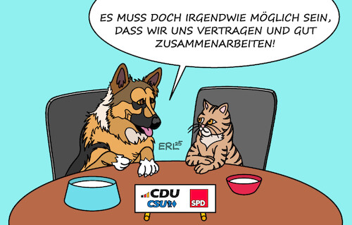 Cartoon: Koalition (medium) by Erl tagged politik,regierung,koalition,cdu,csu,spd,streit,vertragen,zusammenarbeit,hund,katze,karikatur,erl,politik,regierung,koalition,cdu,csu,spd,streit,vertragen,zusammenarbeit,hund,katze,karikatur,erl