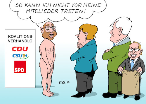 Cartoon: Koalitionsverhandlungen (medium) by Erl tagged bundestagswahl,regierung,regierungsbildung,sondierung,groko,große,koalition,schwarz,rot,cdu,csu,spd,partei,parteivorsitzender,martin,schulz,verhandlung,ergebnisse,basis,mitglieder,befragung,abstimmung,bundeskanzlerin,angela,merkel,horst,seehofer,alexander,dobrindt,wadenbeisser,provokateur,sack,asche,karikatur,erl,bundestagswahl,regierung,regierungsbildung,sondierung,groko,große,koalition,schwarz,rot,cdu,csu,spd,partei,parteivorsitzender,martin,schulz,verhandlung,ergebnisse,basis,mitglieder,befragung,abstimmung,bundeskanzlerin,angela,merkel,horst,seehofer,alexander,dobrindt,wadenbeisser,provokateur,sack,asche,karikatur,erl