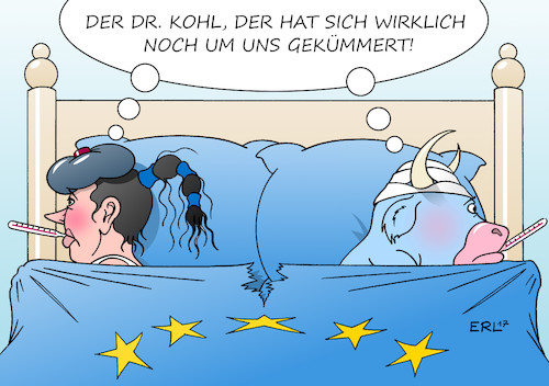 Cartoon: Kohl EU (medium) by Erl tagged helmut,kohl,bundeskanzler,altbundeskanzler,tod,geschichte,kanzler,der,einheit,einigung,europa,europäer,überzeugung,euro,cdu,stier,zustand,krankheit,trauer,vernachlässigung,doktor,karikatur,erl,helmut,kohl,bundeskanzler,altbundeskanzler,tod,geschichte,kanzler,der,einheit,einigung,europa,europäer,überzeugung,euro,cdu,stier,zustand,krankheit,trauer,vernachlässigung,doktor,karikatur,erl