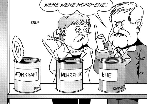 Cartoon: Konservative Konserven (medium) by Erl tagged cdu,csu,konservativ,position,abkehr,atomkraft,wehrpflicht,ehe,homoehe,gleichgeschlechtlich,merkel,seehofer,konserve,konservendose,konservenbüchse,dosenöffner,büchsenöffner