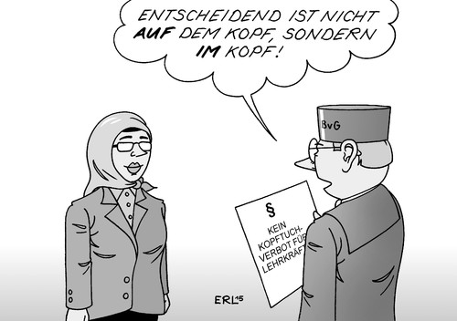 Cartoon: Kopftuch (medium) by Erl tagged kopftuch,religion,islam,lehrerin,schule,verbot,bundesverfassungsgericht,karlsruhe,urteil,erlaubnis,frieden,einstellung,kopf,richter