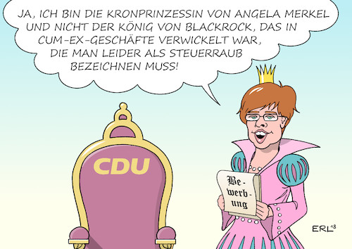 Cartoon: Kramp-Karrenbauer (medium) by Erl tagged politik,cdu,bundeskanzlerin,angela,merkel,rückzug,parteivorsitz,bewerber,annegret,kramp,karrenbauer,nachteil,kronprinzessin,friedrich,merz,vorstandsvorsitzender,blackrock,vermögensverwalter,beteiligung,cum,ex,geschäfte,steuerraub,milliarden,betrug,steuerzahler,geldgier,finanzen,finanzwirtschaft,karikatur,erl,politik,cdu,bundeskanzlerin,angela,merkel,rückzug,parteivorsitz,bewerber,annegret,kramp,karrenbauer,nachteil,kronprinzessin,friedrich,merz,vorstandsvorsitzender,blackrock,vermögensverwalter,beteiligung,cum,ex,geschäfte,steuerraub,milliarden,betrug,steuerzahler,geldgier,finanzen,finanzwirtschaft,karikatur,erl