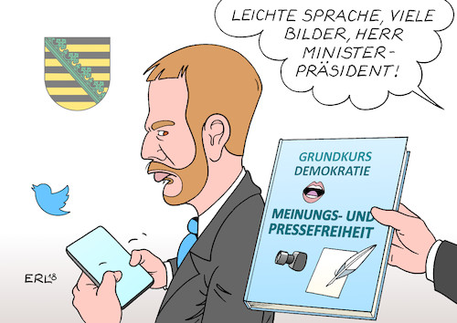 Cartoon: Kretschmer Pressefreiheit (medium) by Erl tagged politik,demokratie,grundrechte,meinungsfreiheit,pressefreiheit,fernsehen,zdf,fernsehsender,bericht,demonstration,pegida,dresden,demonstrant,auseinandersetzung,fernsehteam,polizei,behinderung,filmaufnahmen,berichterstattung,ministerpräsident,sachsen,michael,kretschmer,twitter,verharmlosung,nachhilfe,grundkurs,karikatur,erl,politik,demokratie,grundrechte,meinungsfreiheit,pressefreiheit,fernsehen,zdf,fernsehsender,bericht,demonstration,pegida,dresden,demonstrant,auseinandersetzung,fernsehteam,polizei,behinderung,filmaufnahmen,berichterstattung,ministerpräsident,sachsen,michael,kretschmer,twitter,verharmlosung,nachhilfe,grundkurs,karikatur,erl