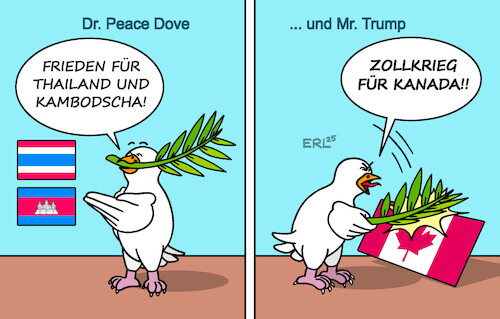 Cartoon: Krieg und Frieden (medium) by Erl tagged politik,usa,trump,waffenstillstand,thailand,kambodscha,frieden,krieg,zölle,zollkrieg,kanada,friedenstaube,karikatur,erl,politik,usa,trump,waffenstillstand,thailand,kambodscha,frieden,krieg,zölle,zollkrieg,kanada,friedenstaube,karikatur,erl