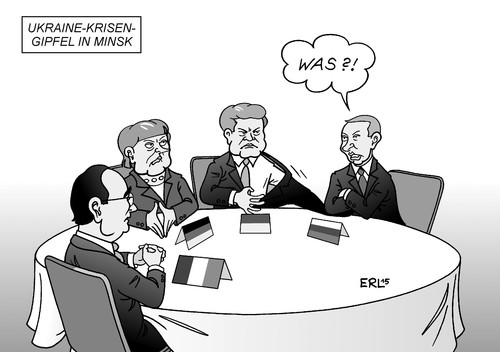 Cartoon: Krisengipfel (medium) by Erl tagged ukraine,krise,krieg,ostukraine,separatisten,russland,gipfel,minsk,gespräch,frieden,hollande,frankreich,merkel,deutschland,poroschenko,putin,ärmel,annexion