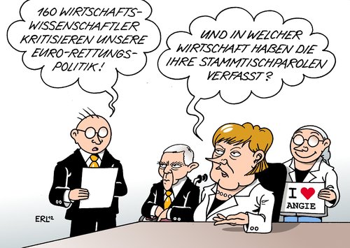 Cartoon: Kritik (medium) by Erl tagged euro,schulden,krise,banken,bundeskanzlerin,angela,merkel,regierung,schwarz,gelb,cdu,csu,fdp,eurorettung,kritik,wirtschaftswissenschaftler,orofessoren,finanzminister,schäuble,stammtischparolen,umfragewerte,kanzlerin,hoch,euro,schulden,krise,banken,bundeskanzlerin,merkel,eurorettung