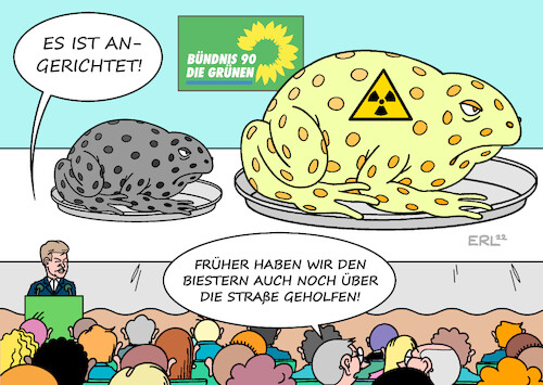 Cartoon: Krötenwanderung (medium) by Erl tagged politik,partei,bündnis,90,die,grünen,grüne,parteitag,wirtschaftsminister,robert,habeck,energie,gas,knappheit,kohle,atomkraft,verlängerung,laufzeit,kröten,kröte,schlucken,krötenwanderung,karikatur,erl,politik,partei,bündnis,90,die,grünen,grüne,parteitag,wirtschaftsminister,robert,habeck,energie,gas,knappheit,kohle,atomkraft,verlängerung,laufzeit,kröten,kröte,schlucken,krötenwanderung,karikatur,erl