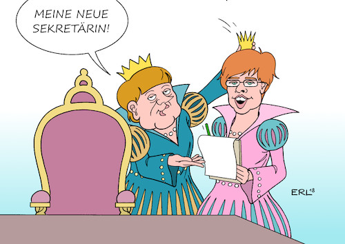 Cartoon: Kronprinzessin (medium) by Erl tagged politik,partei,cdu,generalsekretär,peter,tauber,rücktritt,generalsekretärin,annegret,kramp,karrenbauer,ministerpräsidentin,saarland,hoffnungsträgerin,zukunft,kronprinzessin,nachfolgerin,angela,merkel,bundeskanzlerin,königin,verjüngung,erneuerung,karikatur,erl,politik,partei,cdu,generalsekretär,peter,tauber,rücktritt,generalsekretärin,annegret,kramp,karrenbauer,ministerpräsidentin,saarland,hoffnungsträgerin,zukunft,kronprinzessin,nachfolgerin,angela,merkel,bundeskanzlerin,königin,verjüngung,erneuerung,karikatur,erl