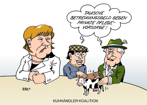 Cartoon: Kuhhändler-Koalition (medium) by Erl tagged regierung,koalition,schwarz,gelb,cdu,csu,fdp,merkel,seehofer,rösler,politik,kuhhandel,betreuungsgeld,pflegevorsorge,privat,kuh,kühe,regierung,koalition,schwarz,gelb,cdu,csu,fdp,merkel,rösler,seehofer,betreuungsgeld