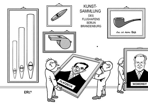 Cartoon: Kunstsammlung Flughafen BER (medium) by Erl tagged lughafen,berlin,brandenburg,verzögerung,pannen,fehler,kosten,klaus,wowereit,matthias,platzeck,aufsichtsrat,pfeife,magritte,malerei,kunst,kunstsammlung,orgelpfeifen,signalpfeife,trillerpfeife,tabakspfeife,bild,austausch,rücktritt