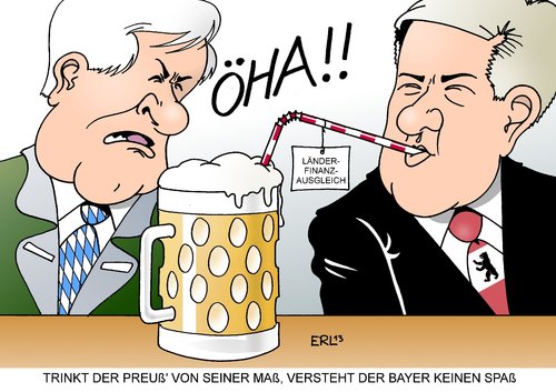 Cartoon: Länderfinanzausgleich (medium) by Erl tagged länderfinanzausgleich,geberländer,bayern,hessen,baden,württemberg,nehmerländer,berlin,seehofer,wowereit,bier,maß,spaß,strohhalm,durst,länderfinanzausgleich