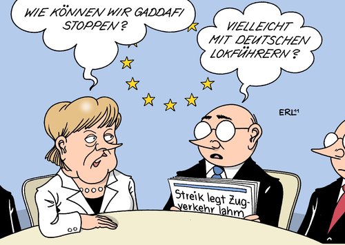 Cartoon: lahmlegen (medium) by Erl tagged libyen,gaddafi,eu,sanktionen,deutschland,streik,lokführer,lahmlegen,merkel,libyen,gaddafi,sanktionen,deutschland,streik,lokführer,lahmlegen,angela merkel,angela,merkel,db,deutsche bahn,deutsche,bahn